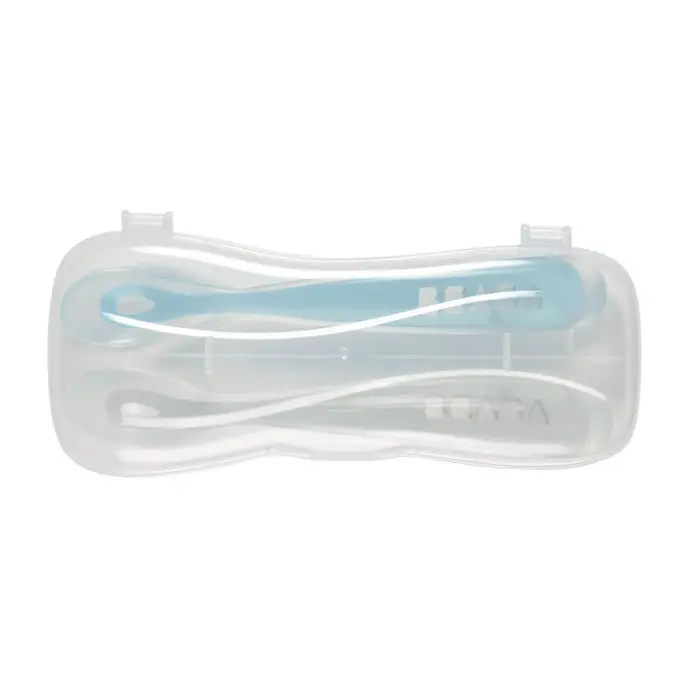 2 Cuillères Béaba en Silicone + Boîte de Transport Gris/Bleu