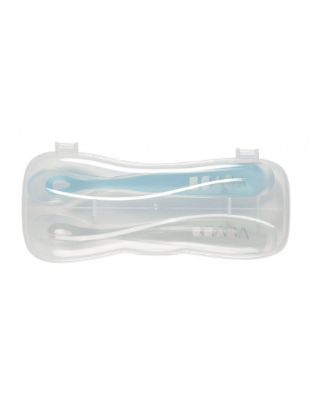 2 Cuillères Béaba en Silicone + Boîte de Transport Gris/Bleu