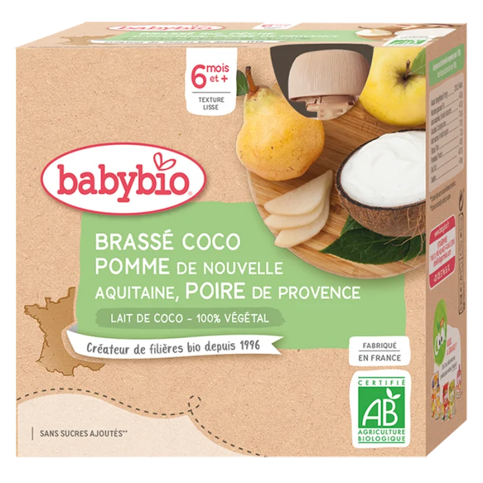 Babybio Brassé Lait de Coco Pomme Poire 6m+ Céréales & Compotes