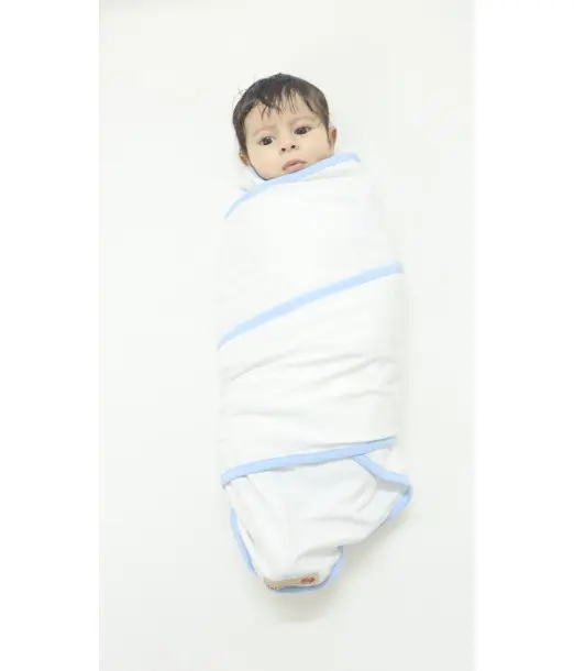 Couverture d'emmaillotage + Bonnet Blanc/Bleu