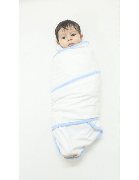 Couverture d'emmaillotage + Bonnet Blanc/Bleu