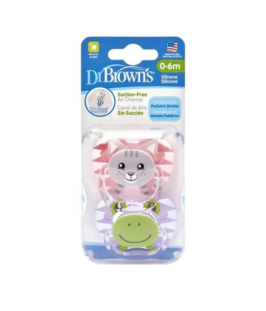 Dr Brown’s pacifier 0 to 6 months Cat & Frog pack of 2