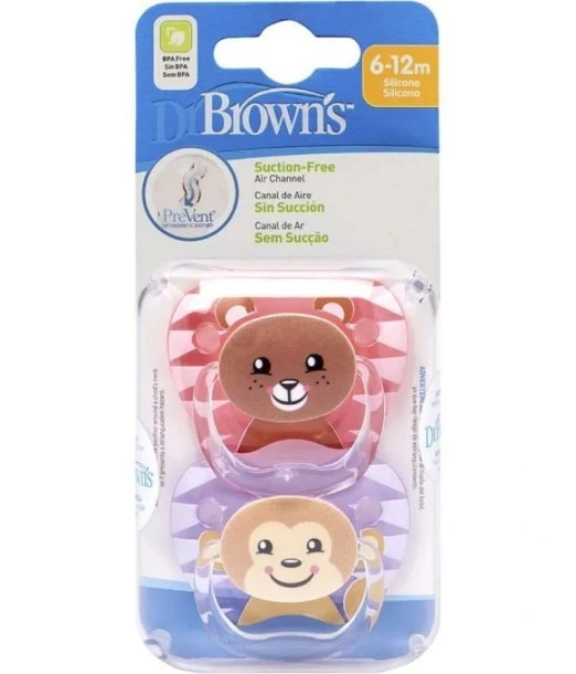 Dr Brown’s pacifier 6-18m Bear & Monkey - Girl pack of 2