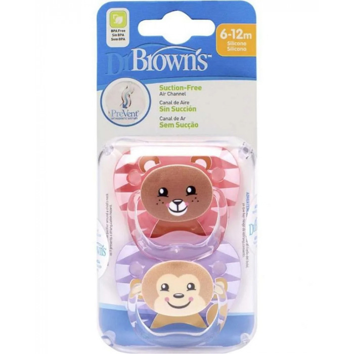 Dr. Brown’s Sucette 6-18m Bear & Monkey - Girl Lot de 2 Gel