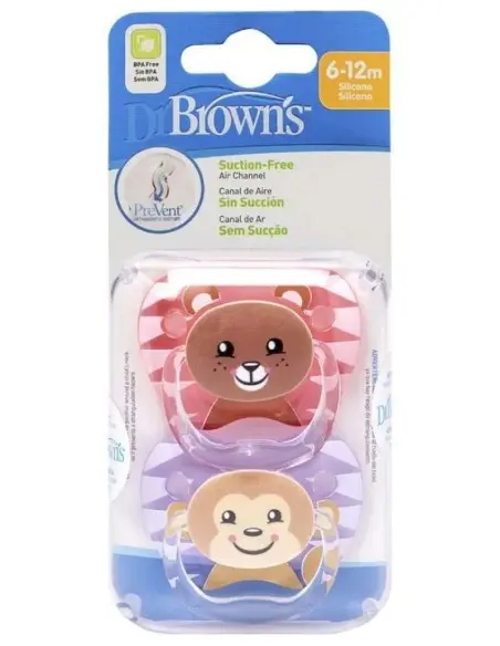 Dr Brown’s pacifier 6-18m Bear & Monkey - Girl pack of 2