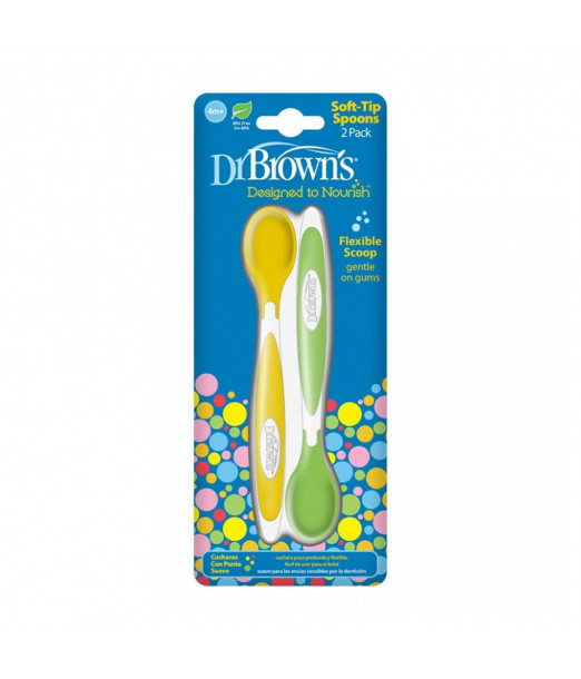 Dr Brown's 2 Cuillères à pointe souple Vert & Jaune 4m+ 2