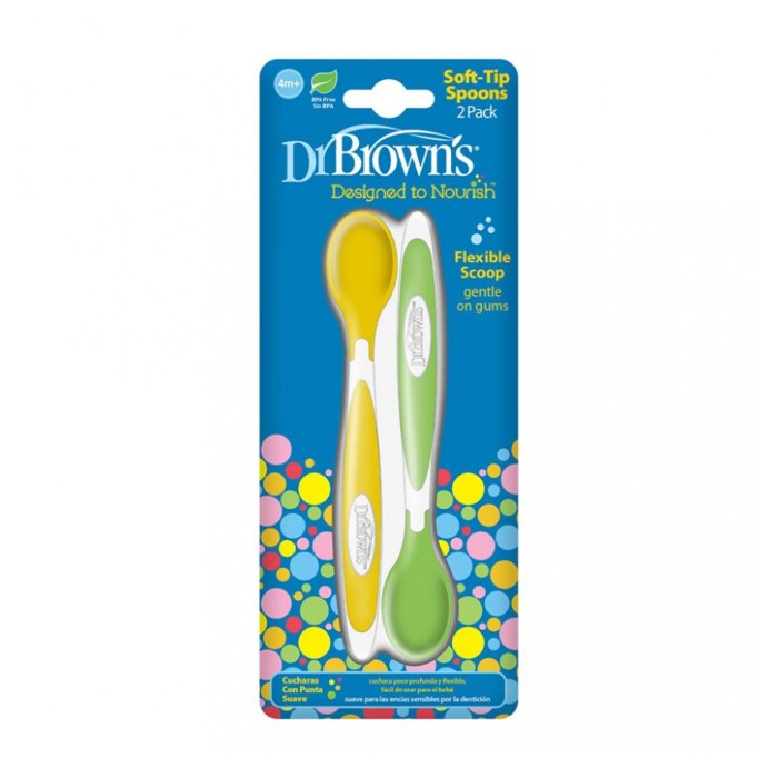 Dr Brown's 2 Cuillères à pointe souple Vert & Jaune 4m+