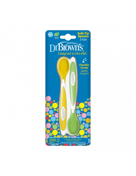 Dr Brown's 2 Cuillères à pointe souple Vert & Jaune 4m+