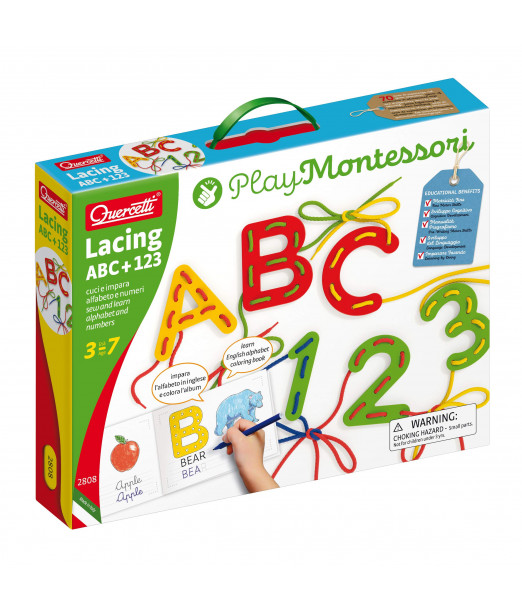 Quercetti Jeu de Lassage Lettres & Chiffres Montessori 3-7ans