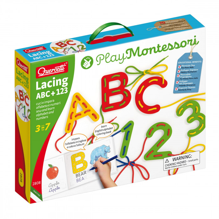 Quercetti Jeu de Lassage Lettres & Chiffres Montessori 3-7ans