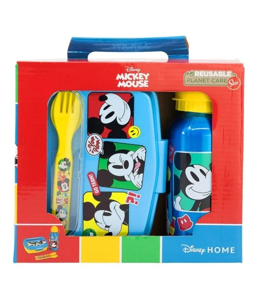 Lunch box + Cutlery + Stainless steel water bottle Mickey Mouse