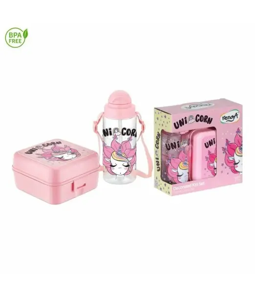 Pack Lunch Box + Gourde à paille en plastique Licorne Vaisselle