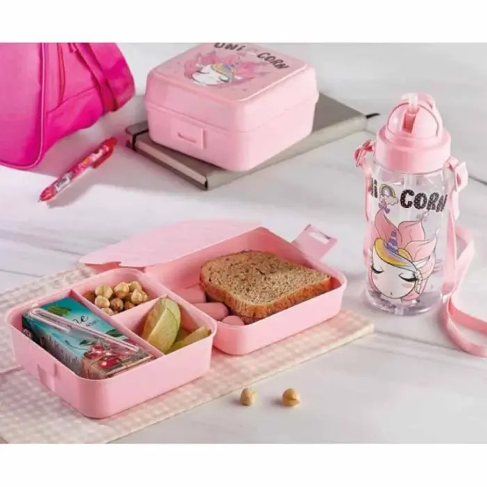 Pack Lunch Box + Gourde à paille en plastique Licorne Vaisselle
