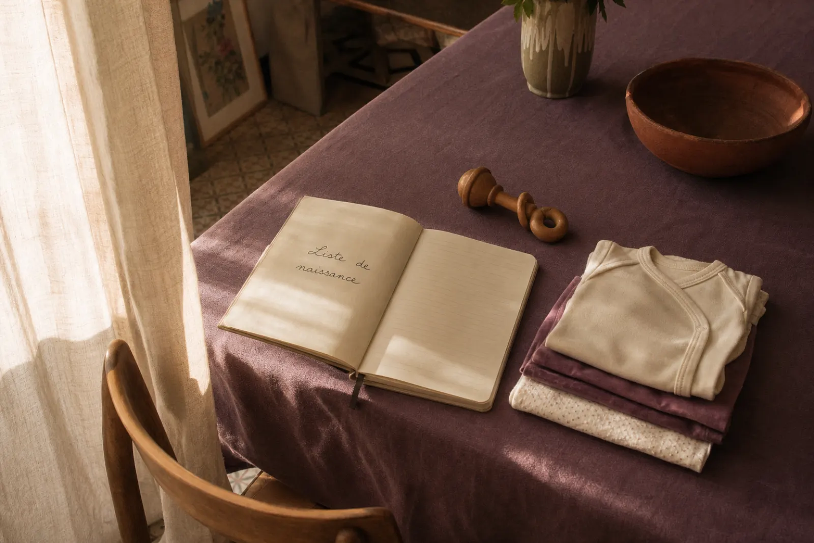 Carnet « Liste de naissance » posé sur une table, avec bodies en coton et hochet en bois, lumière de fin d’après-midi