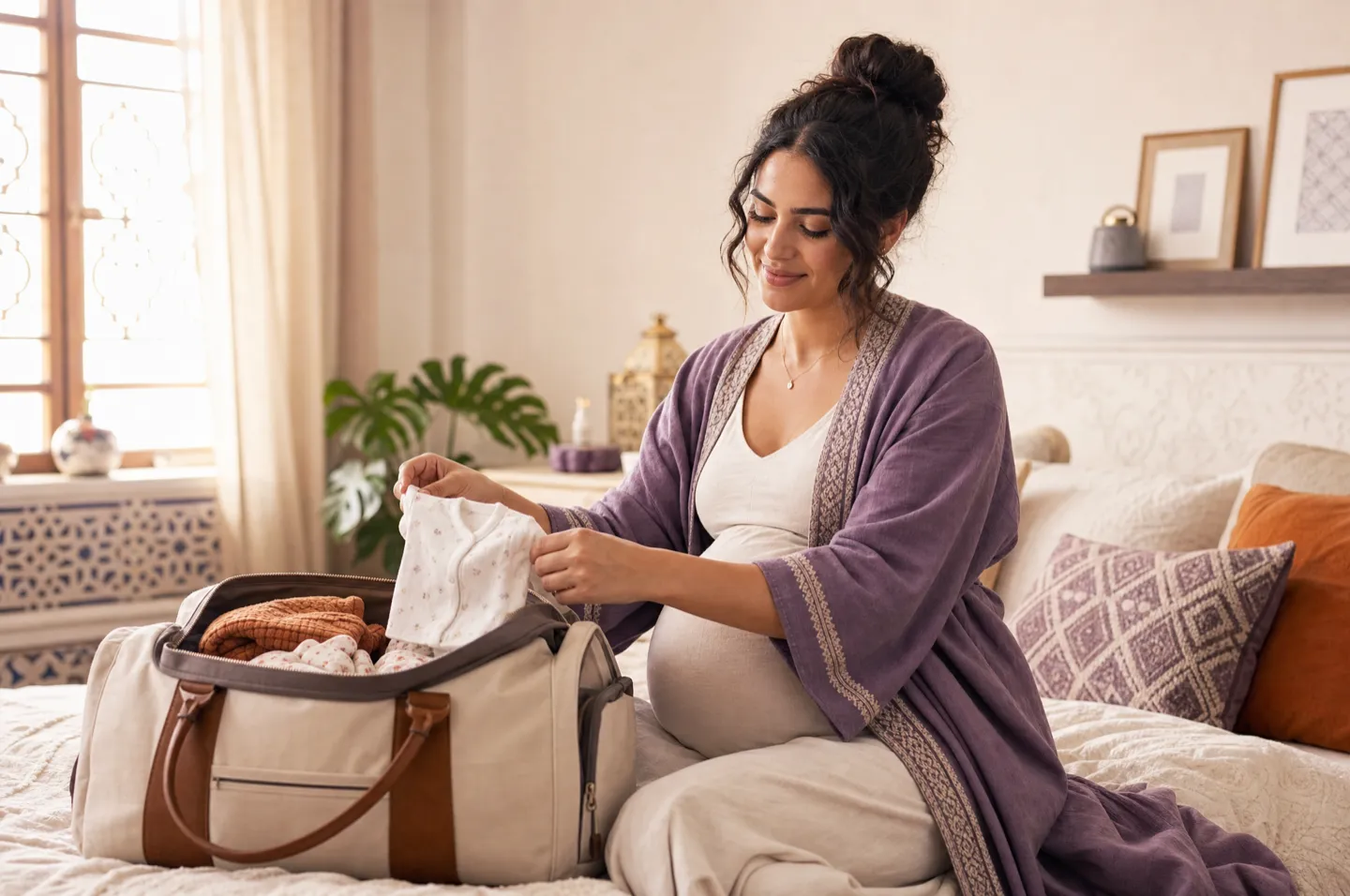 Future maman préparant sa valise de maternité avec des vêtements de bébé, dans une chambre marocaine chaleureuse
