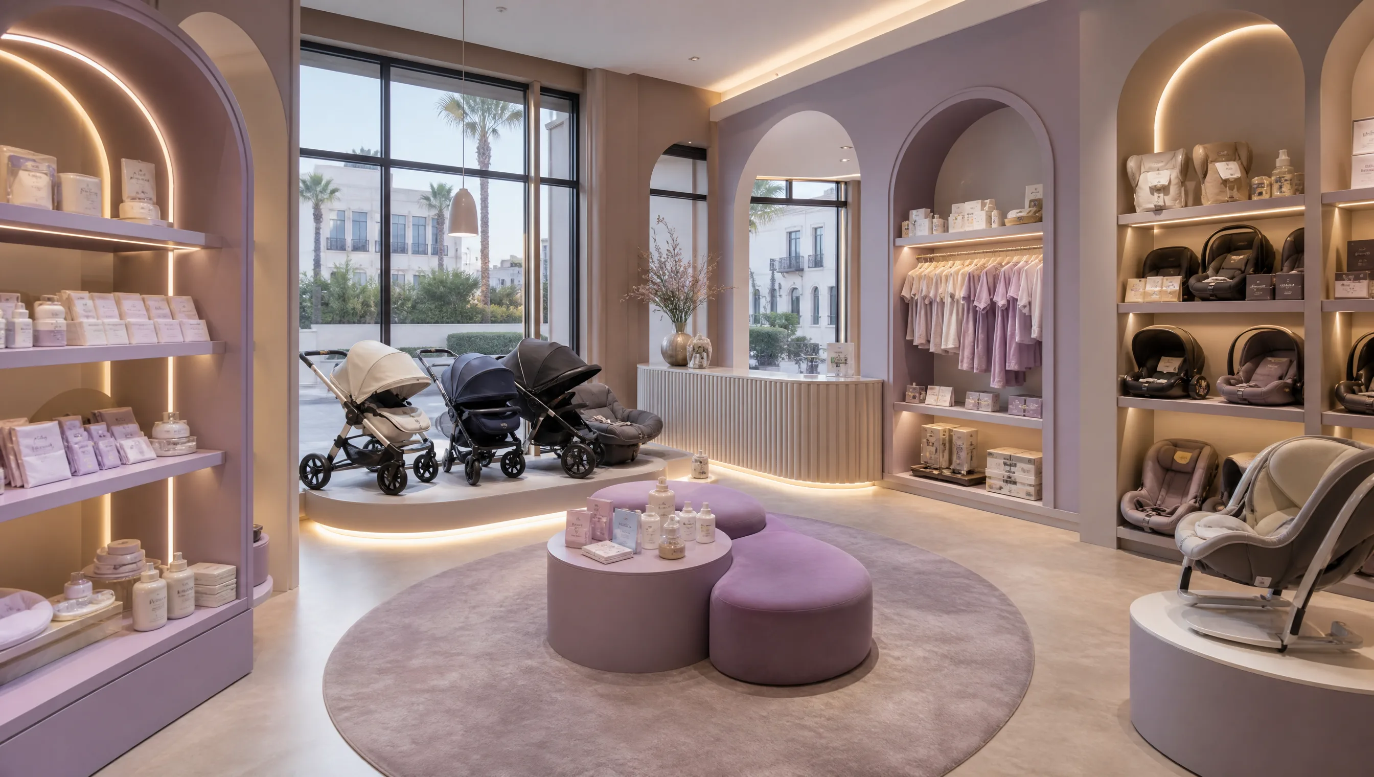 Intérieur showroom puériculture Baby & Mom — ambiance boutique
